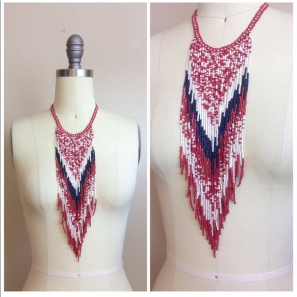Vintage Jewelry - Vintage 70s Red White Blue Beaded Fringe Choker